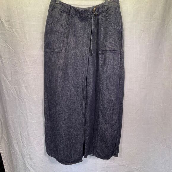 Poetry Blue Faux Wrap 100% Linen Wide Leg Chambray Cropped Culotte Pants Size 8 - Picture 1 of 12